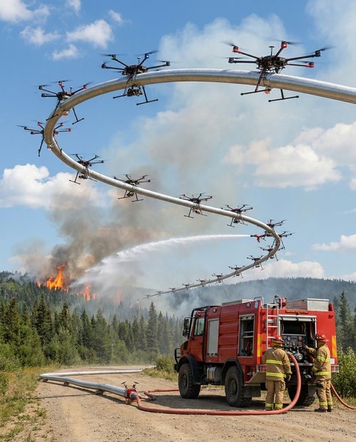 Пожарный водопровод дроны перемещают к очагу пожара.