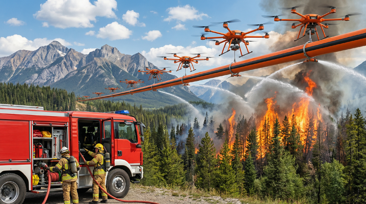 Питание и управление дронов идет по кабелю, прикрепленному к трубопроводу высокого давления.