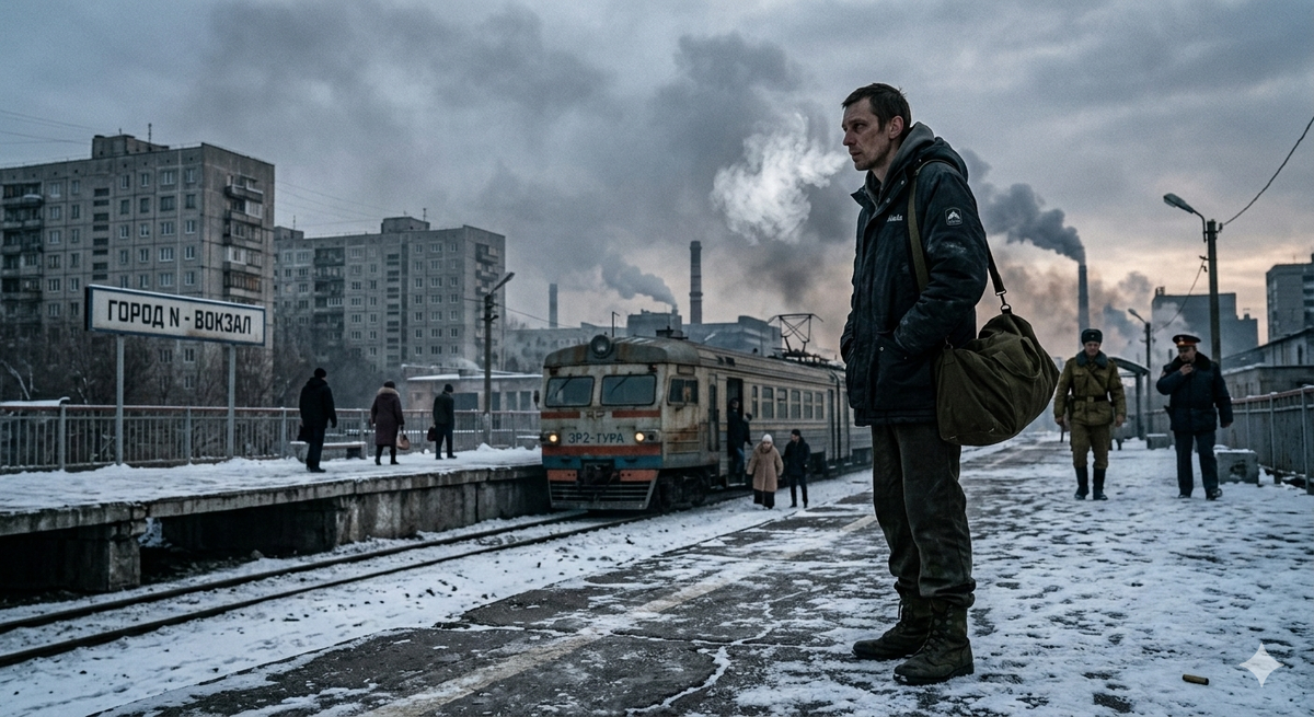 Ветеран Чечни Игорь Крылов возвращается домой на вокзал провинциального города в девяностые годы. Суровая зимняя атмосфера.
