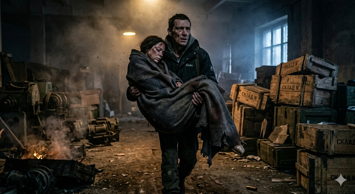 Драматичная сцена спасения девушки ветераном войны в темном павильоне рынка. Атмосфера триллера девяностых.