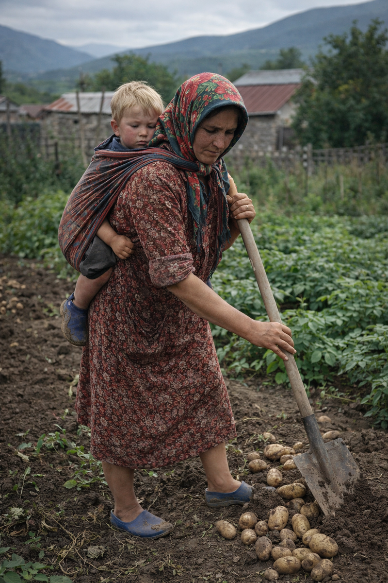 Именно таким образом женщины Кавказа раньше должны были выходить и выполнять свои обязанности, когда некому было оставить ребенка.