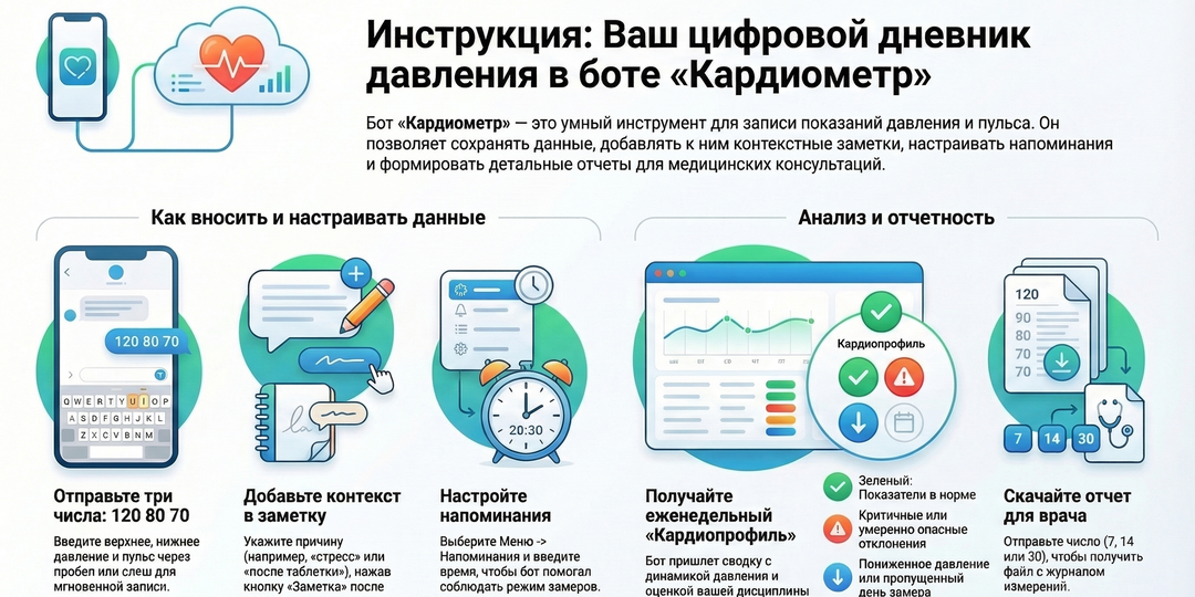 ⭐ Инструкция: как пользоваться цифровым дневником давления (бот Кардиометр)