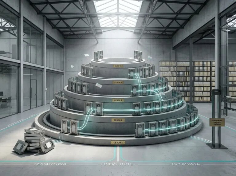    Сезоны и эпизоды собираются в систему: хаос у входа превращается в связные плейлисты, подчёркнута роль семантики и удержания. "Kontenium"