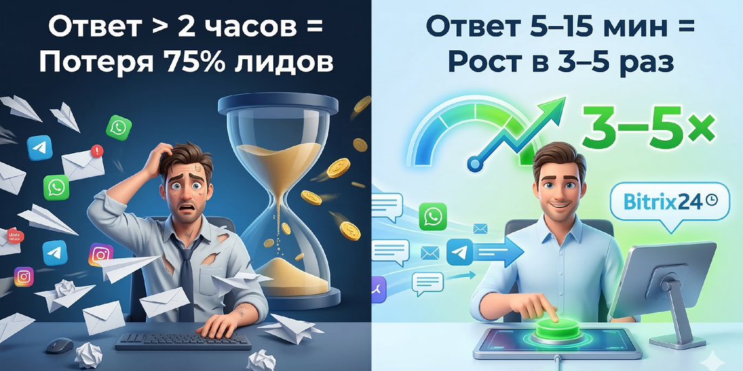 Как увеличить конверсию в Битрикс24 на 3–5×: контроль сроков ответа в чатах Wazzup и автоматические напоминания менеджерам + руководителям