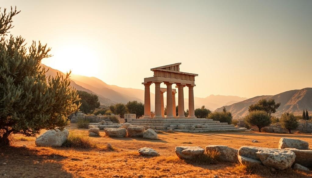    Древнегреческий пейзаж с руинами классического храма, оливковыми деревьями и горами на фоне заката.
