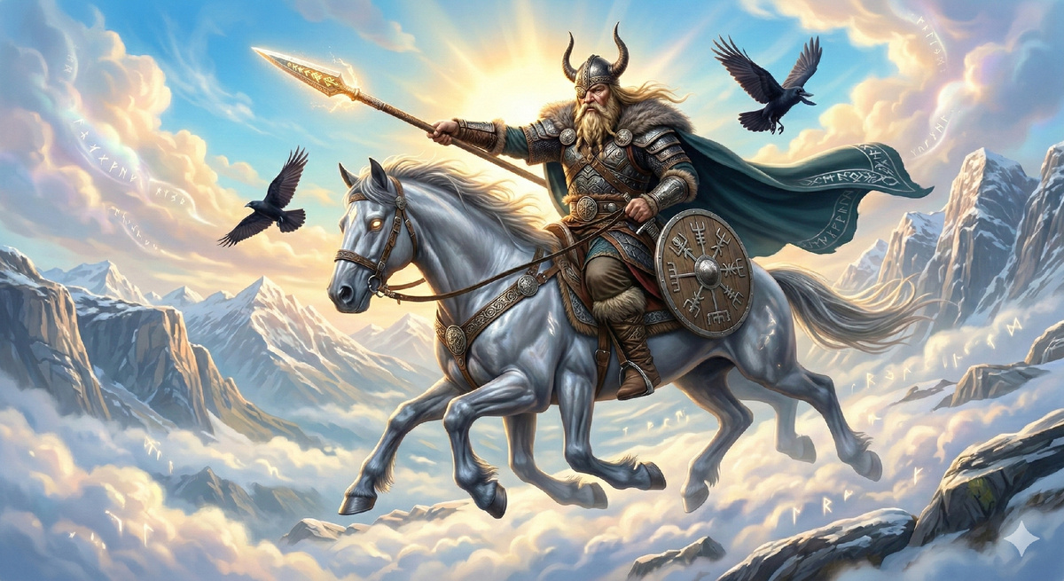 Один на своём коне Слейпнире.