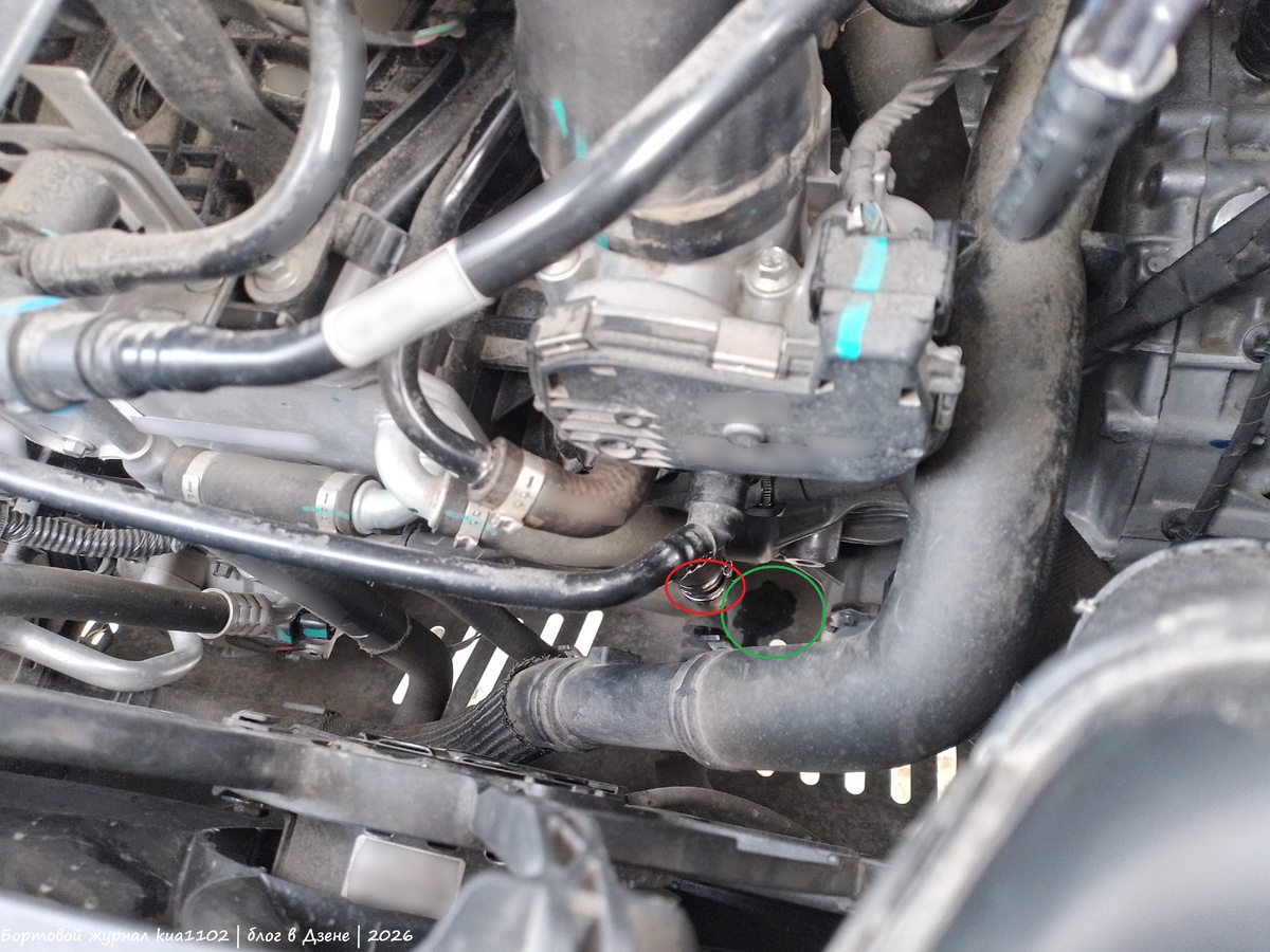 Красный кружок - это место утечки, а зелёный - место на защите, куда капал антифриз. Автор фотографии kua1102