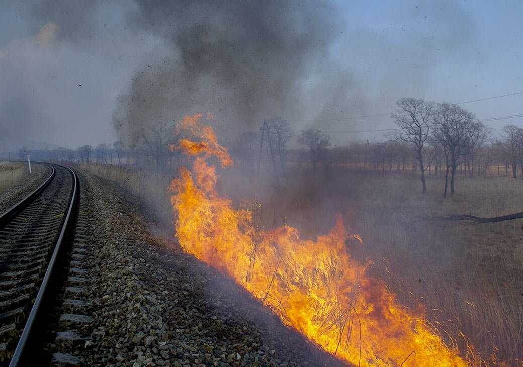 Пожар в полосе отвода железной дороги, вблизи магистральных ж.д. путей. Источник https://myseldon.com/ru/news/index/253604777