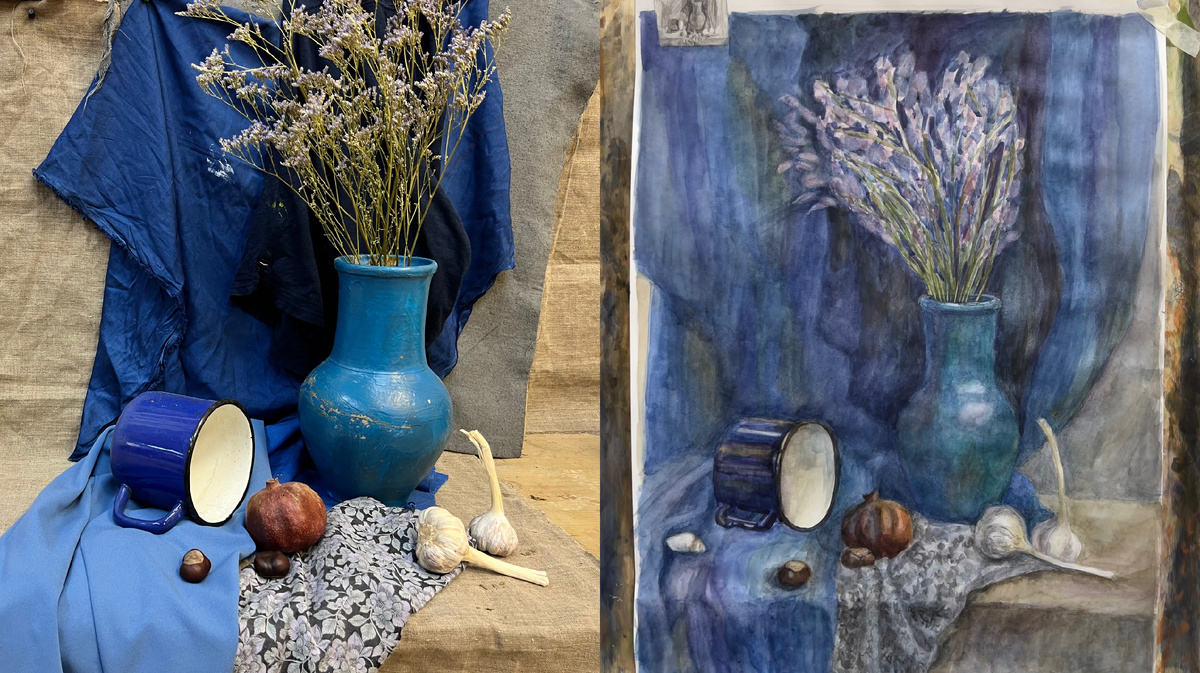 пример учебной постановки и рядом — ученическая работа с тусклым цветом