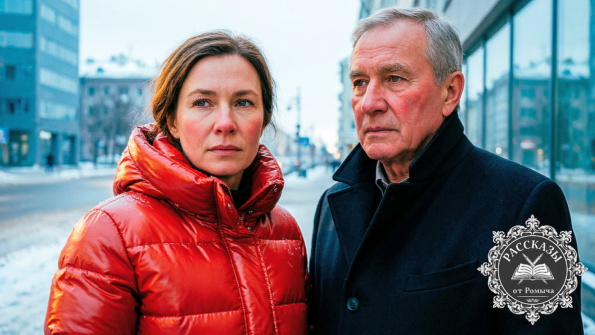 Женщина в красном пуховике и мужчина в пальто на фоне зимнего города после драматических событий