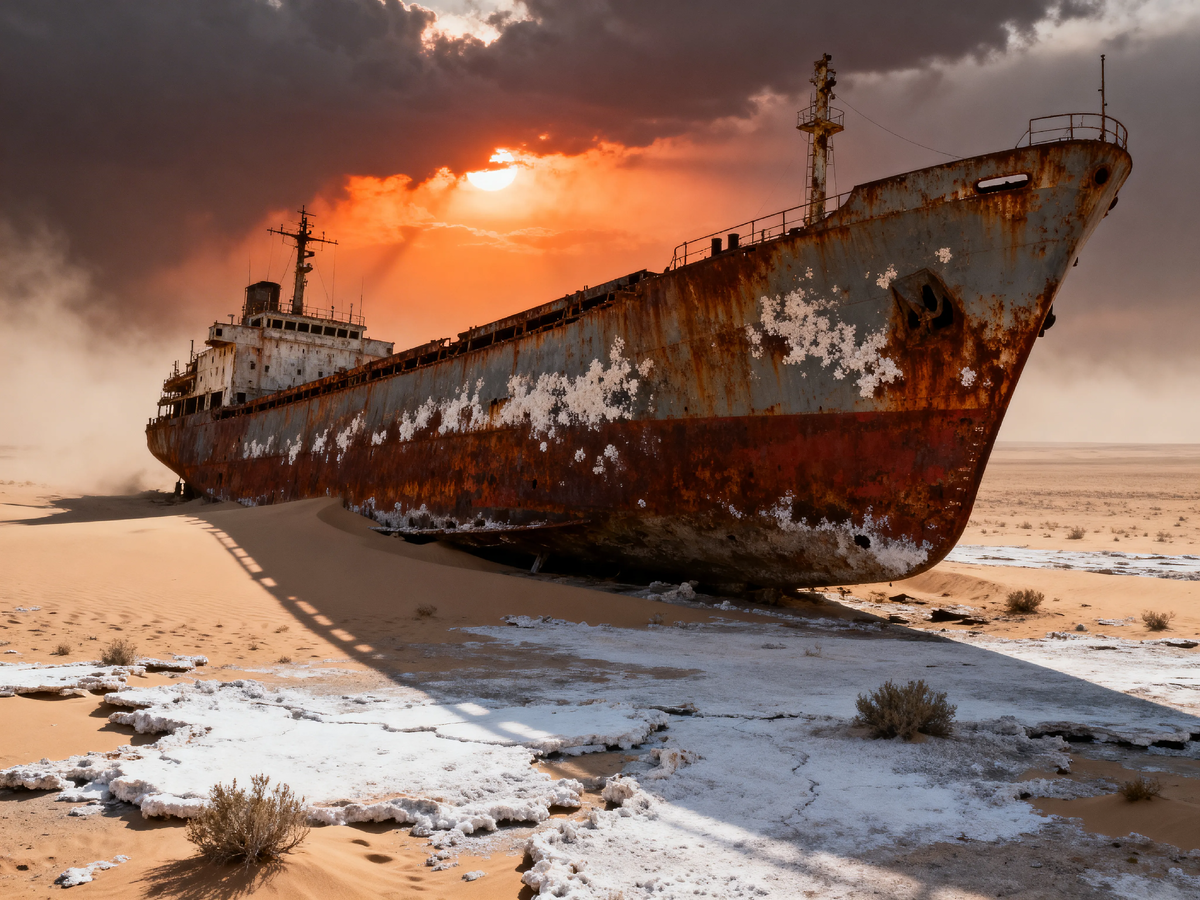 Этот корабль 30 лет назад наверно ловил рыбу в Аральском море. Теперь вокруг — пустыня на 5,5 миллиона гектаров. Море украли ради хлопка. Корабль остался. Как памятник идиотизму. 🚢🏜️