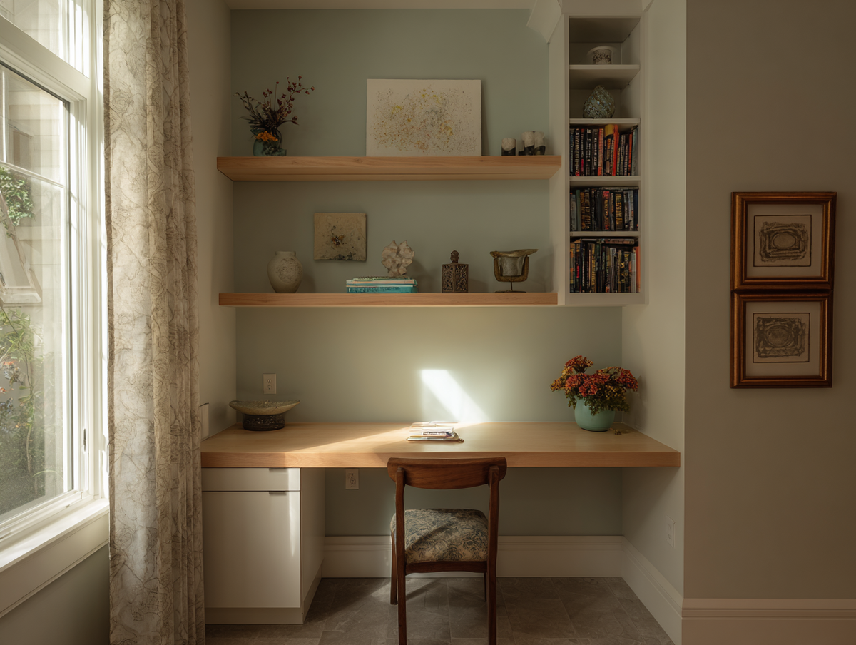 Теплые деревянные поверхности создают желания поучиться, а разные мелочи на полках не спорят со стенами и не создают отвлекающий цветовой шум.