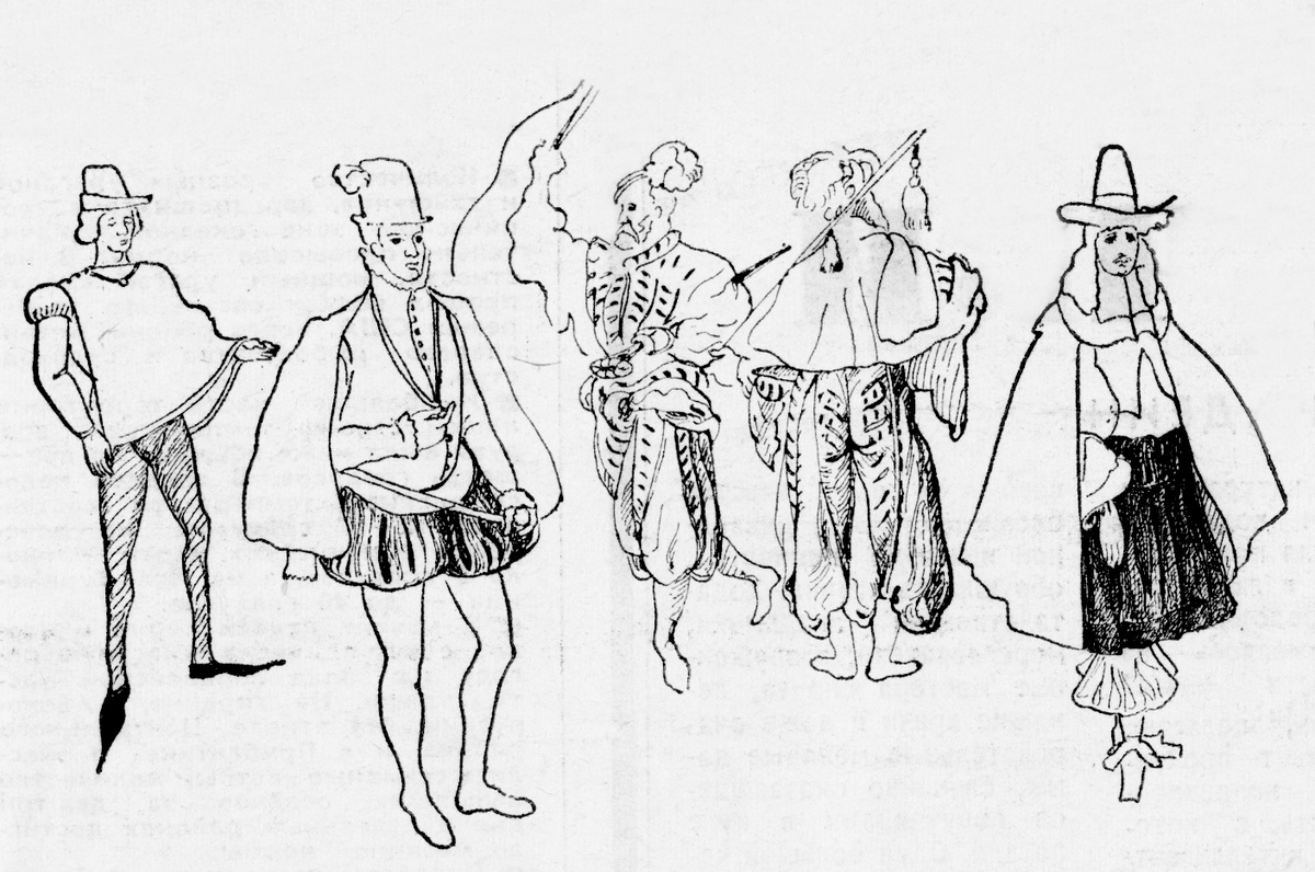 штаны-чулки, Франция, XV век; одежда испанцев, XVI век; шаровары ландскнехтов, XVI век; мода Голландии, XVII век;