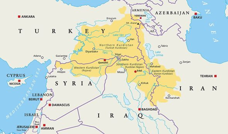 Курдистан, разделённый между Турцией, Сирией, Ираном и Ираком