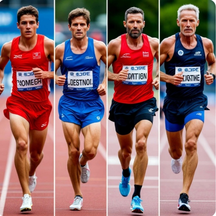 Возраст спортсмена слева направо : 20-35-50-65 лет