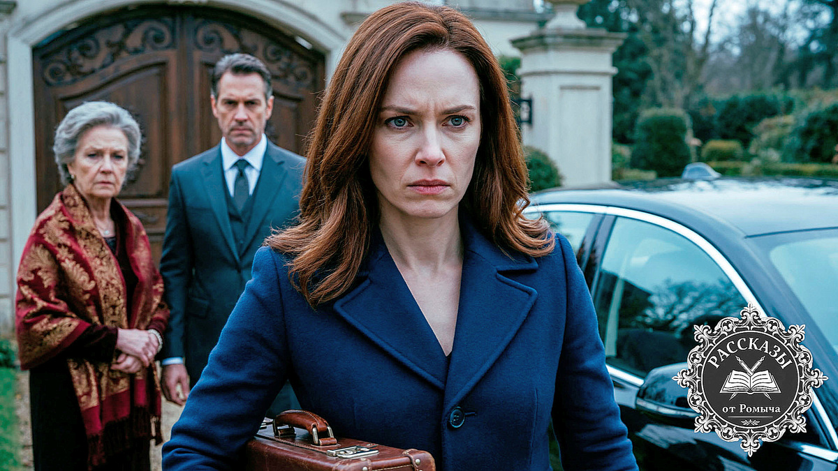 Женщина с чемоданом покидает загородный дом под взглядами бывшей семьи