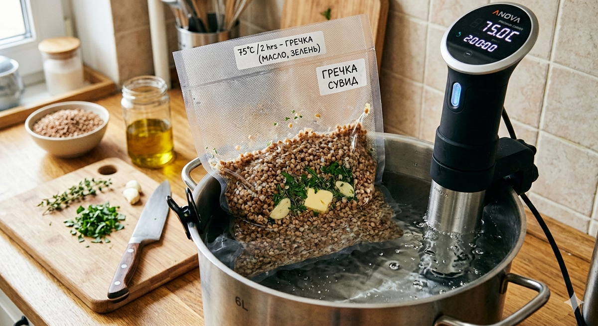 Идеальная текстура «зернышко к зернышку»
В отличие от варки в кастрюле, где кипящая вода неизбежно повреждает оболочку крупы, превращая её в «разварку», в вакууме при температуре около 75–80°C гречка сохраняет свою форму. Она получается невероятно нежной внутри, но при этом остается упругой и рассыпчатой.