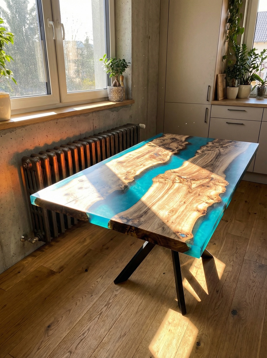 Стол из слэба и смолы у батареи