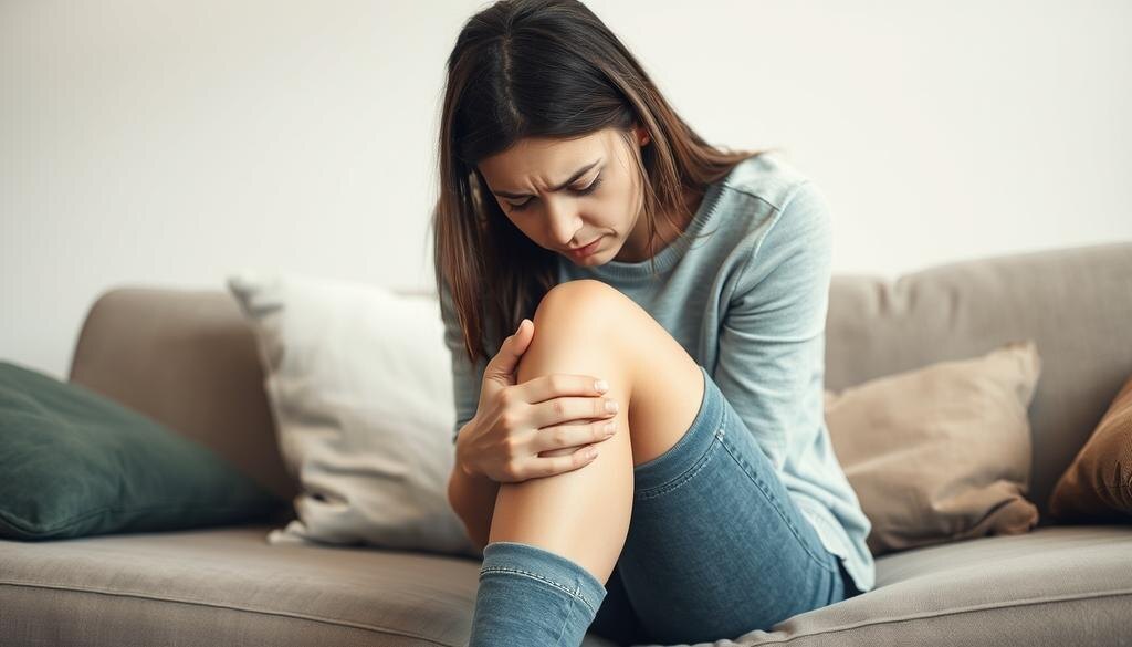    Человек выглядит обеспокоенным, держит колено на диване, выражая дискомфорт.