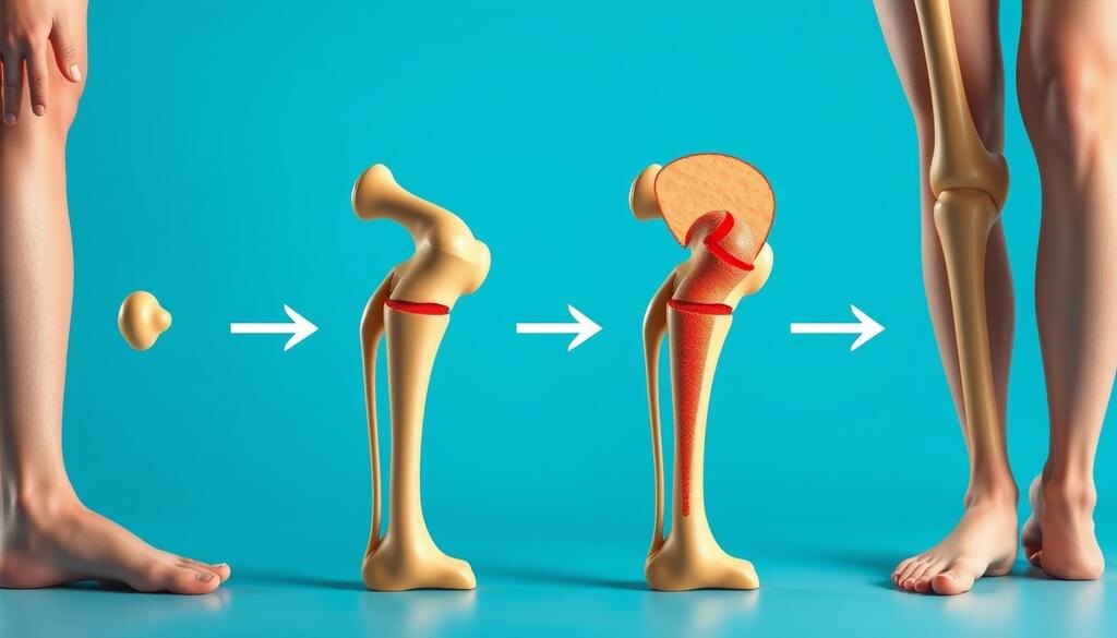    Иллюстрация прогрессии здоровья коленного сустава в поврежденный, показывающая разрушение хряща.