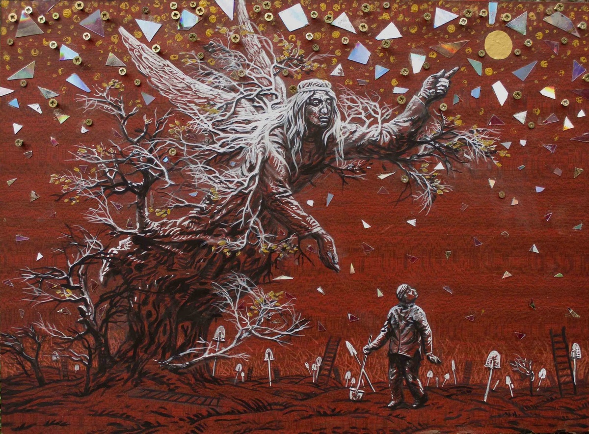 © Максимильян Пресняков. Указующий ангел. ДСП, смеш.техн. 40 х 44,3см. 2022г.