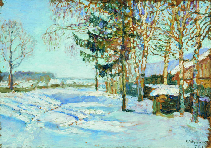С. Ю. Жуковский «К весне», середина1920-х годов. Картон, масло. Размеры: 35,5 x 50 см. Инв. Ж-301. Таганрогский художественный музей. Фото картины взято из открытого источника.