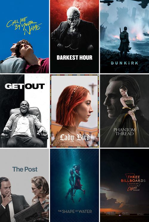 The 90th Academy Awards | "Назови меня своим именем", "Темные времена", "Дюнкерк", "Прочь", "Леди Берд", "Призрачная нить", "Секретное досье", "Форма воды", "Три биллборда на границе Эббинга, Миссури"
