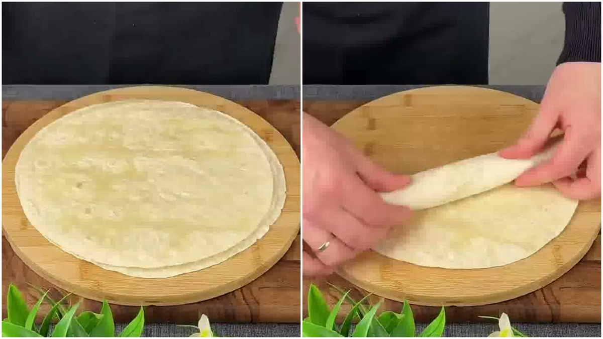 📸 Скатываем 3 листа лаваша  рулетом.