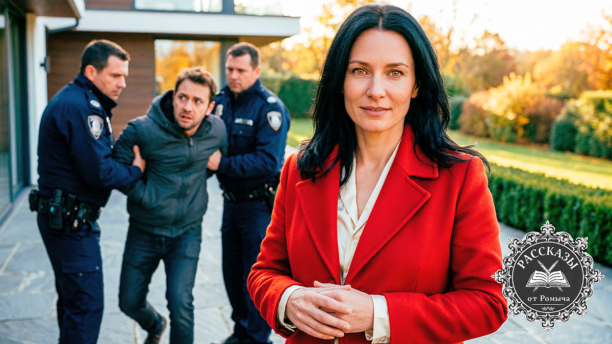 Женщина в красном пальто наблюдает за задержанием бывшего мужа на фоне загородного дома