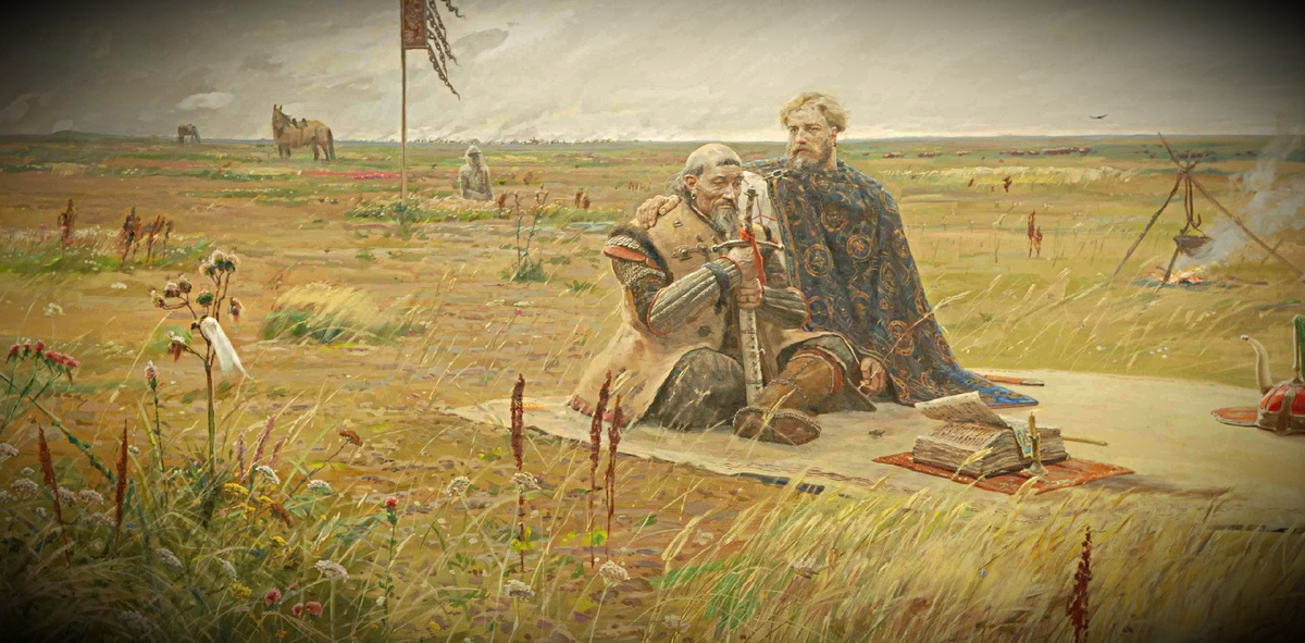 На картине изображена историческая сцена встречи князя Александра Невского и Сартака, сына хана Батыя. 