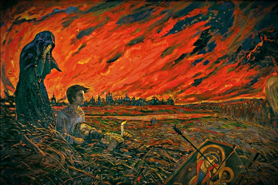 На изображении представлена картина Ильи Глазунова «Нашествие. Детство Андрея Рублева». 
Тема произведения: Картина повествует о трагических событиях эпохи разорения Русской земли татаро-монголами, изображая пожар и гибель людей. 