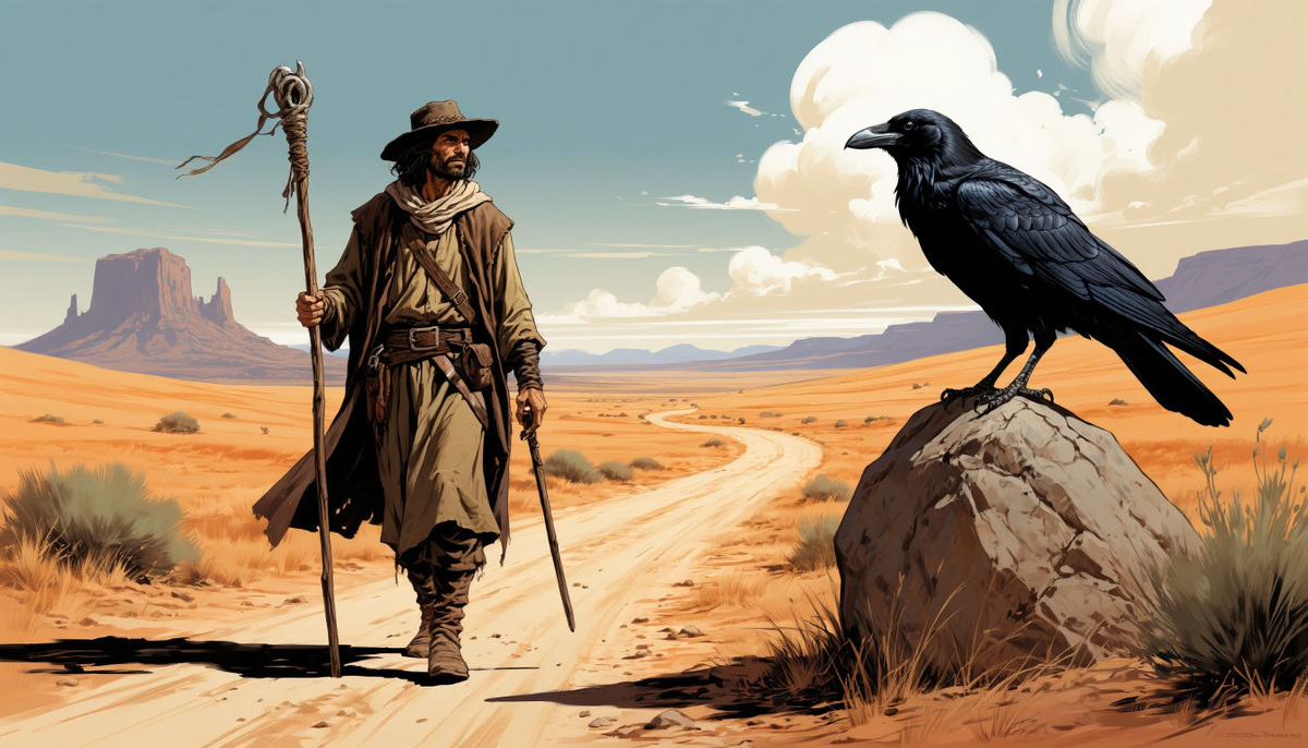 Путник и ворон. Изображение от ИИ Шедеврум