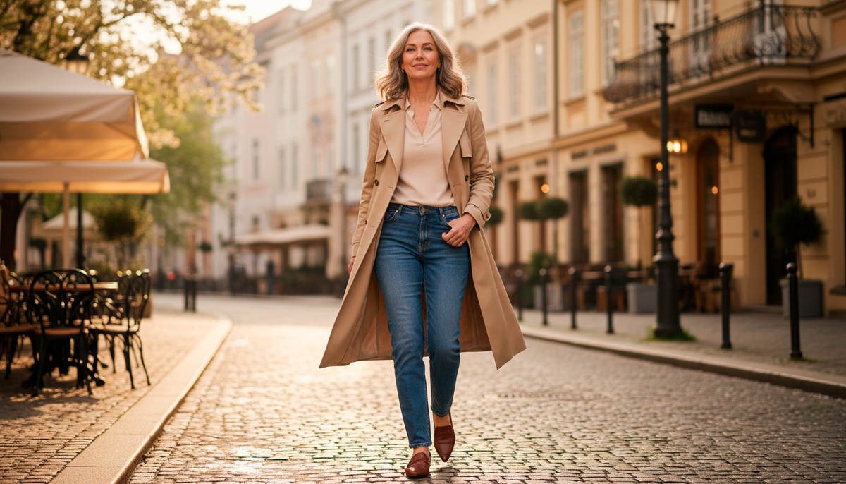 Бежевый тренч, прямые джинсы, лоферы с вытянутым носком. Три вещи, пятнадцать минут сборов, а выглядит как будто стилист подбирал.