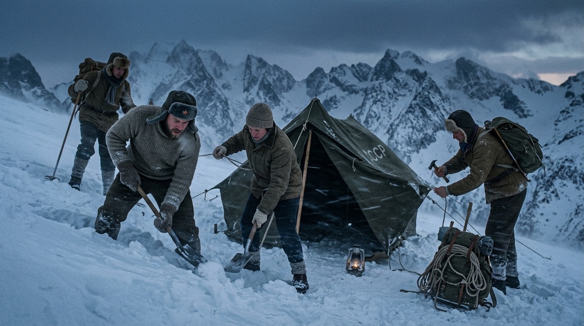 Установка палатки на склоне Холатчахль (реконструкция)