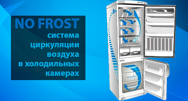 Бытовой холодильник с системой No Frost (на фото видно, как циркулирует охлажденный воздух по камерам с помощью вентилятора, расположенного в морозильном отделении)
