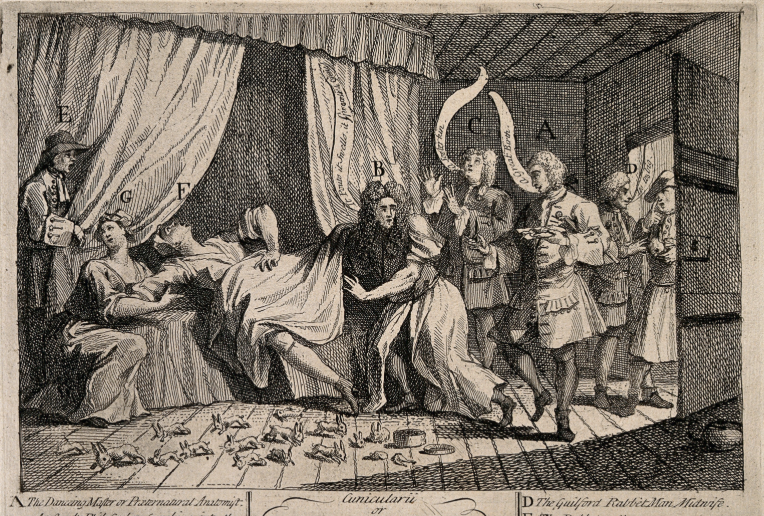 Гравюра XVIII века, изображающая сцену вокруг Мэри Тофт во время её «родов». История о женщине, якобы рожавшей кроликов, быстро стала сенсацией и привлекла внимание врачей со всей Англии. Позднее этот случай превратился в один из самых громких медицинских скандалов XVIII века.