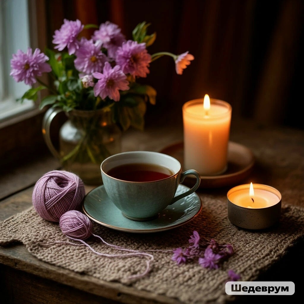 Вязать в полумраке не рекомендуется, но для антуража можно свечи добавить