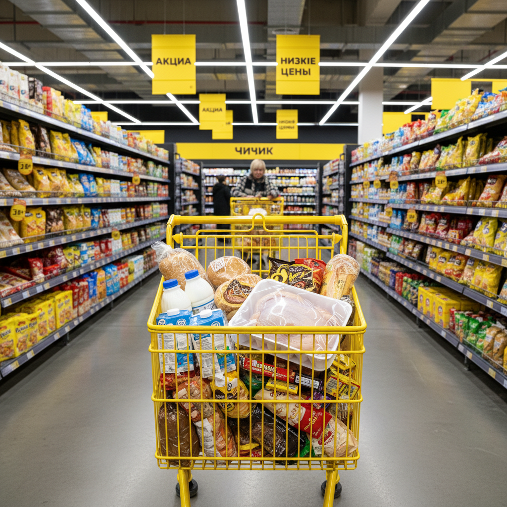 Фото 1. Мой улов на сегодня: полная тележка продуктов, которая обошлась ровно в два билета по тысяче.