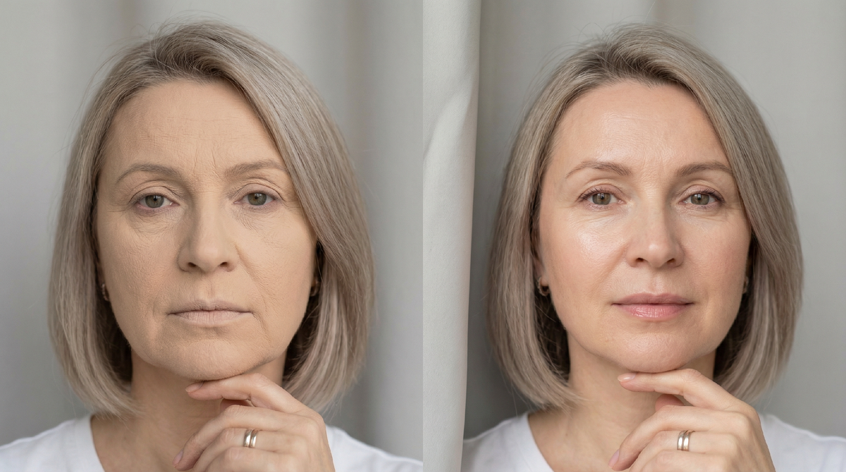 Слева - тяжёлое покрытие, сухая плоская кожа, свет поглощается.
Справа - лёгкое сияющее покрытие, кожа свежая и ухоженная, морщинки визуально разглаживаются.