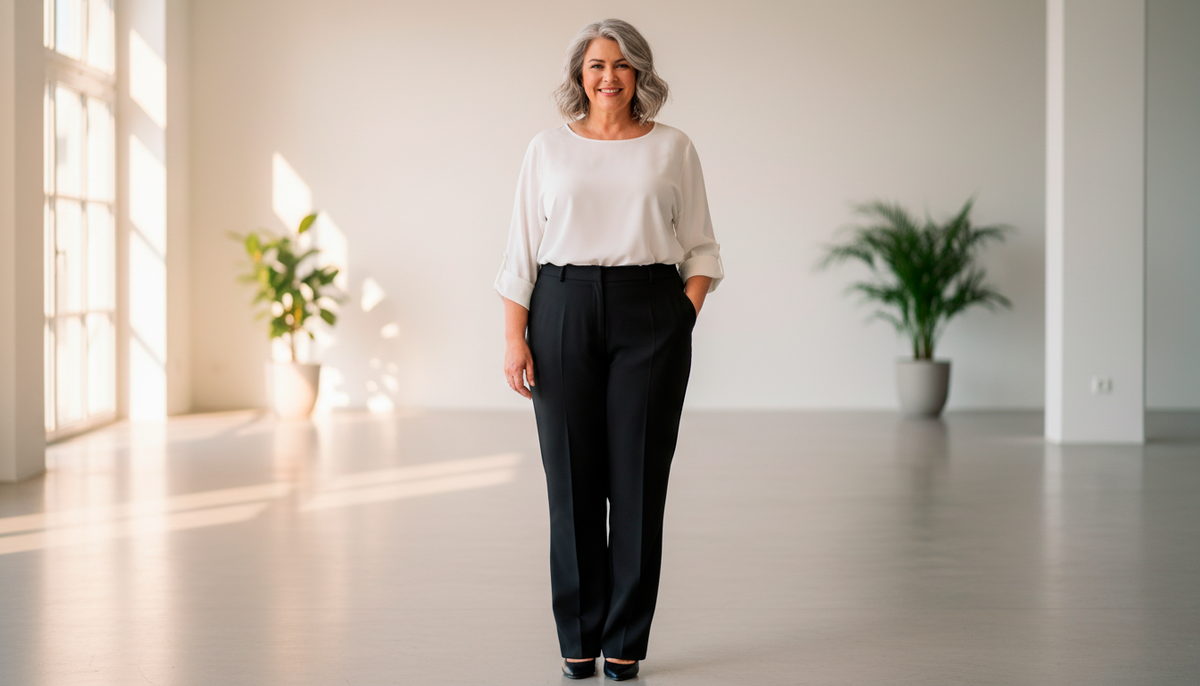 Прямые брюки с высокой посадкой на женщине 60 размера. Разница с леггинсами видна невооружённым глазом.