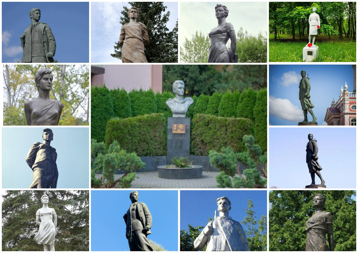 Памятники Зое Космодемьянской в разных городах России. Фото из сети Интернет.