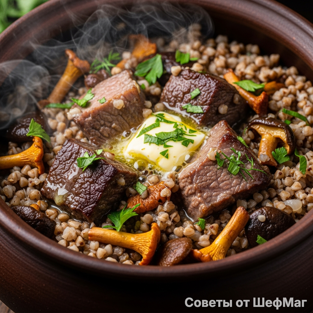 Каждое зернышко блестит, впитав в себя мясной и грибной сок.