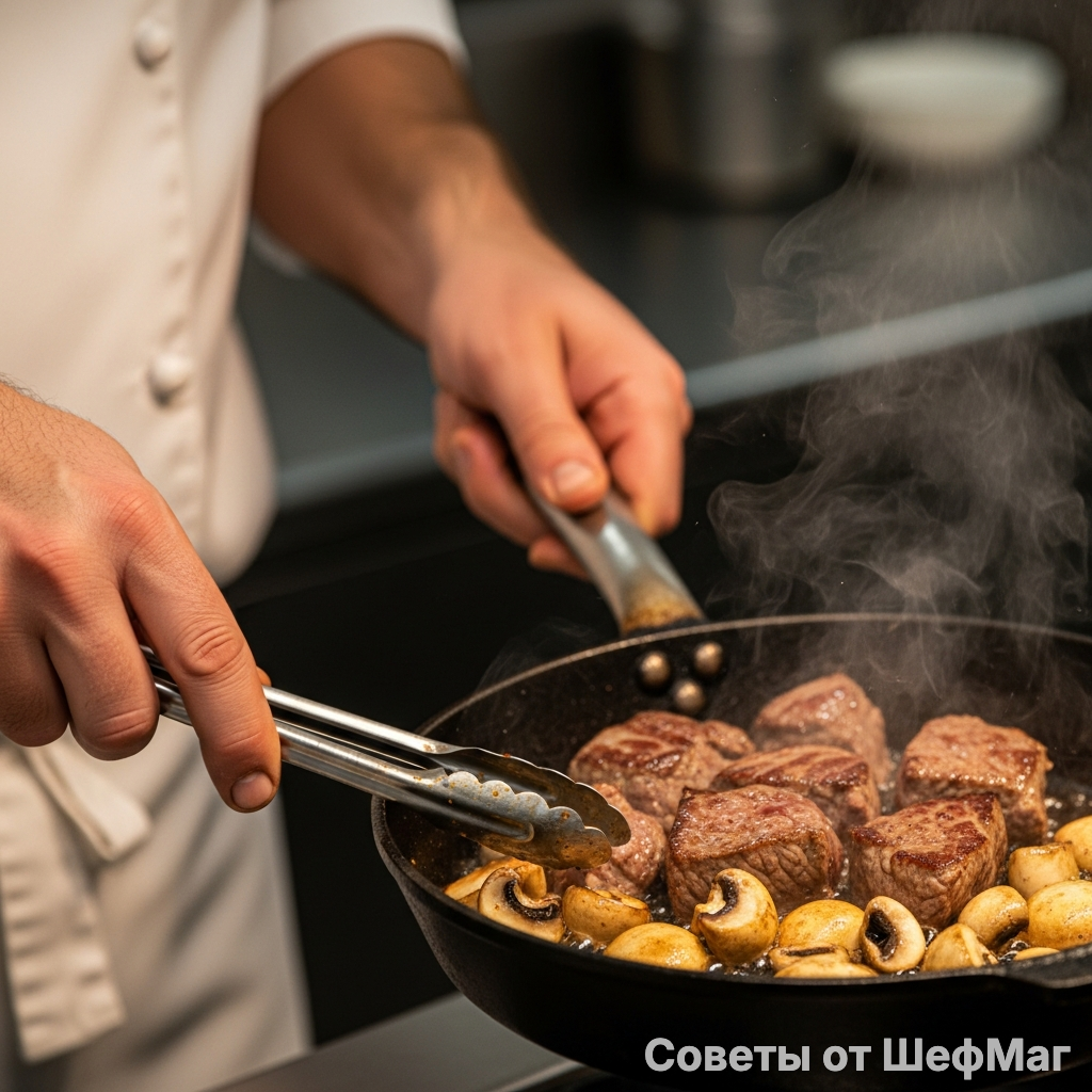 Сильный огонь нужен, чтобы запечатать вкус грибов и мяса.