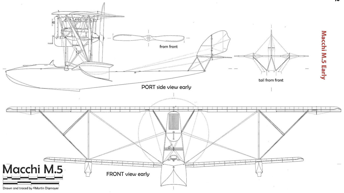 схема летающей лодки-истребителя Macchi M.5, ранний вариант поплавков. Виды сбоку и спереди. Чертеж flyingmachines.ru