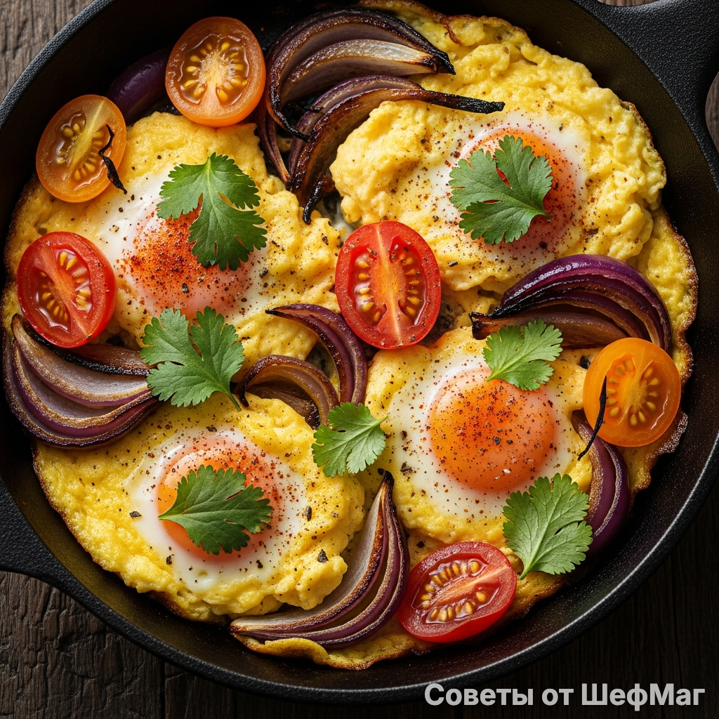 Золотистые, влажные хлопья яиц, пропитанные ароматом копченой паприки и трав.