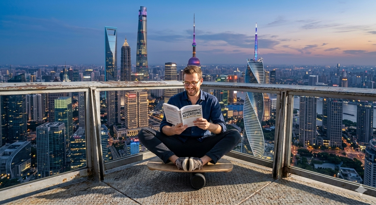 Медиабаер сидит на крыше небоскрёба и читает увлекательную книгу.