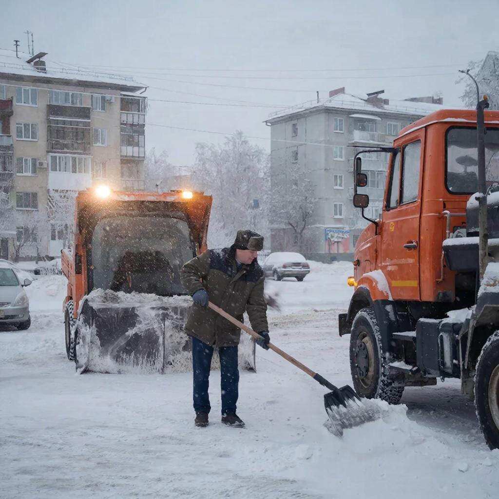 Снег при ручной уборке тротуаров и внутриквартальных проездов должен убираться полностью до твёрдого покрытия.  Фото: Изображение сгенеировано нейросетью / Станислав Казаченко