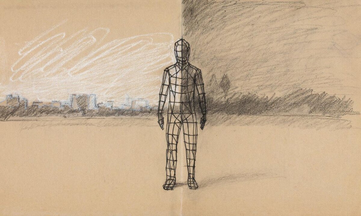 Две реальности. Одна — для других, с масками и улыбками. Другая — та, где внутри только пустота и холодный металл. Каркасная фигура — человек, застрявший на границе между ними.