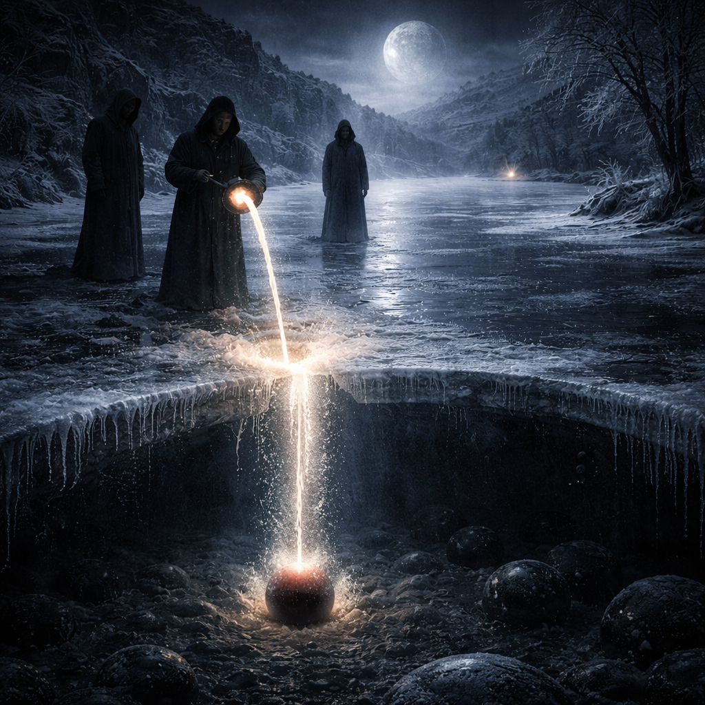 Рождение шаров. В чёрной воде, подо льдом, металл застывает в идеальные сферы. Внутри каждой — ещё жидкий шлак, последний след памяти.