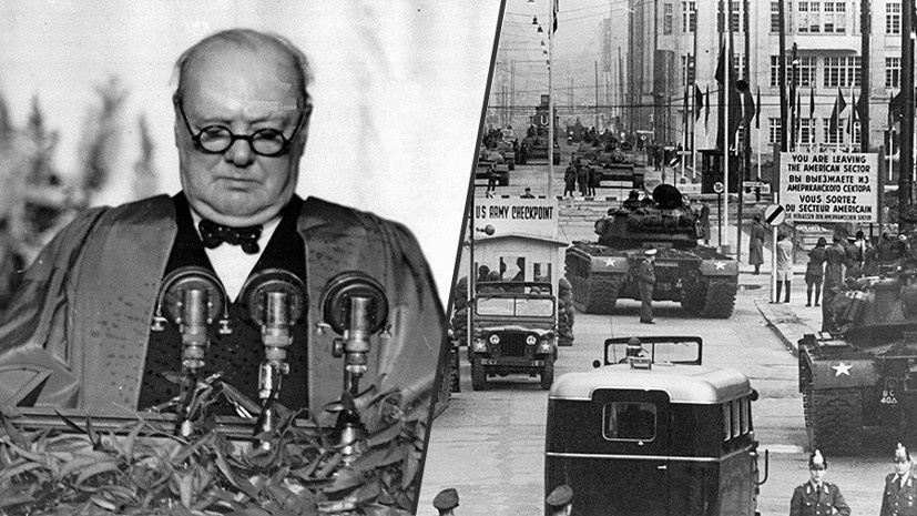     Фултонская речь Уинстона Черчилля в Вестминстерском колледже/ Советские и американские танки противостоят друг другу на КПП Чарли во время Берлинского кризиса Gettyimages.ru PA Images / Public Domain